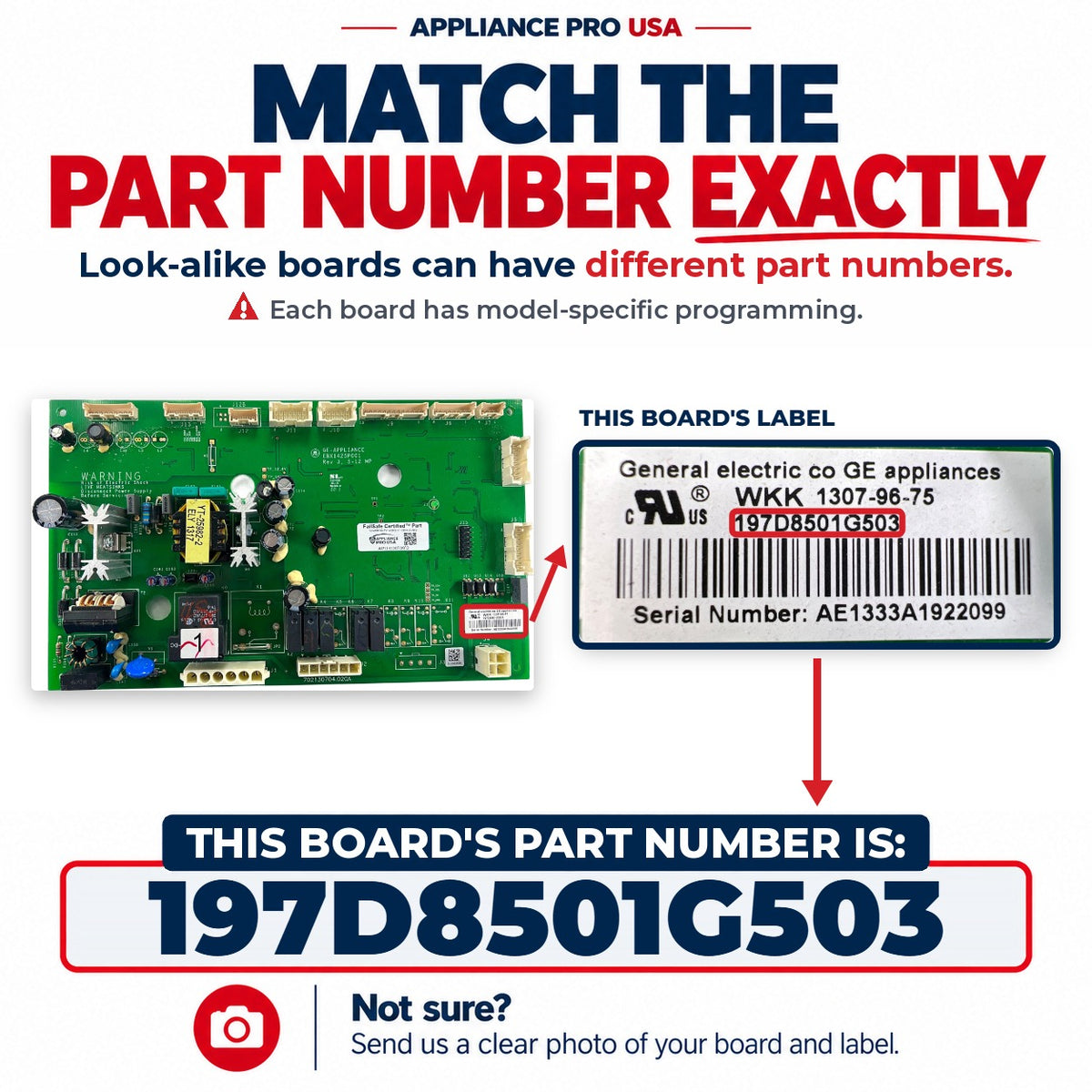 Match The Part Number Exactly - 197D8501G503 GE Refrigerator Main Control Board Label - Appliance Pro USA