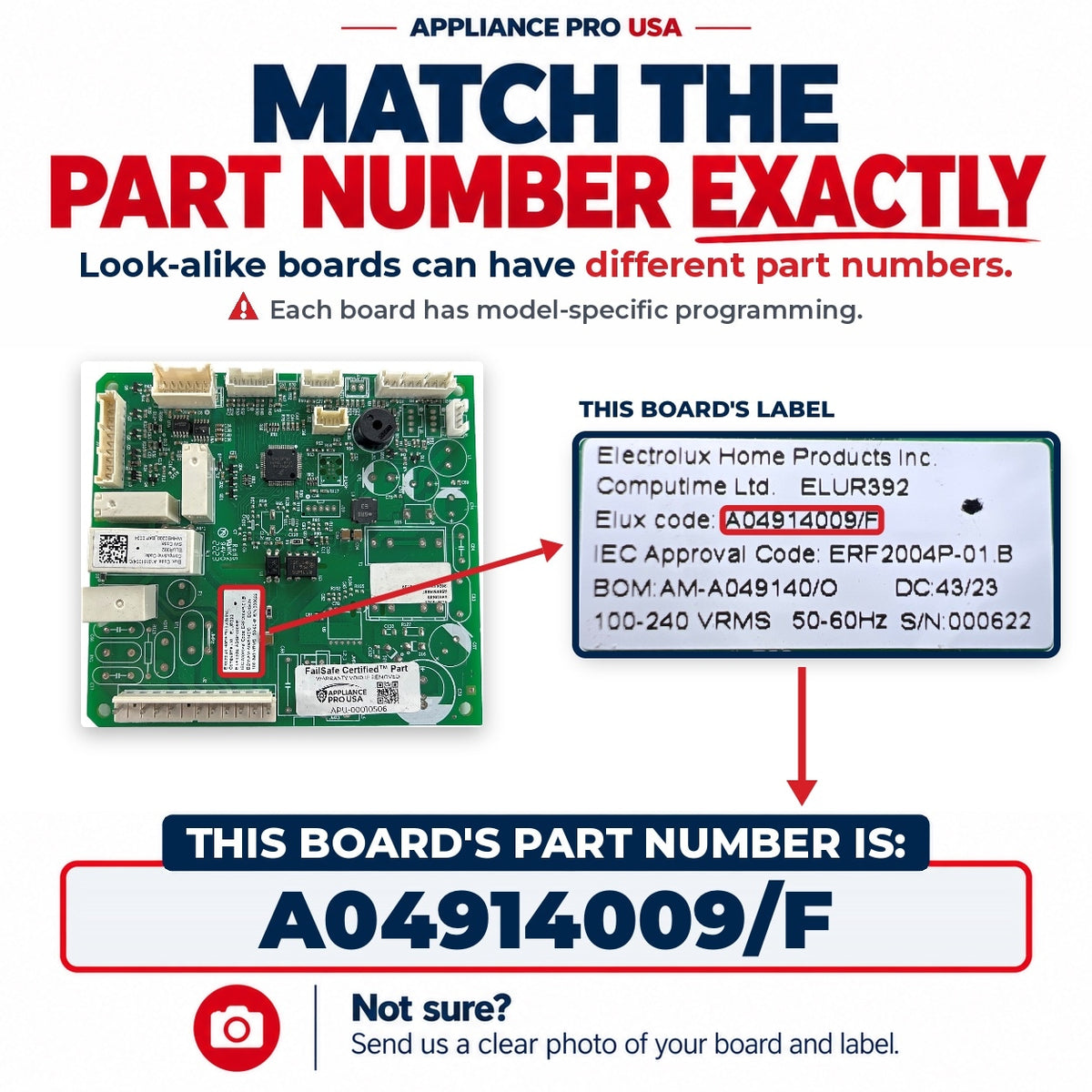 Match The Part Number Exactly - A04914009/F Frigidaire Refrigerator Main Control Board Label - Appliance Pro USA