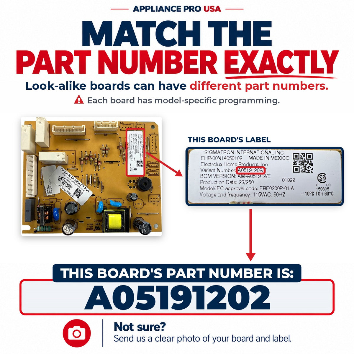 Match The Part Number Exactly - A05191202 Frigidaire Refrigerator Main Control Board Label - Appliance Pro USA