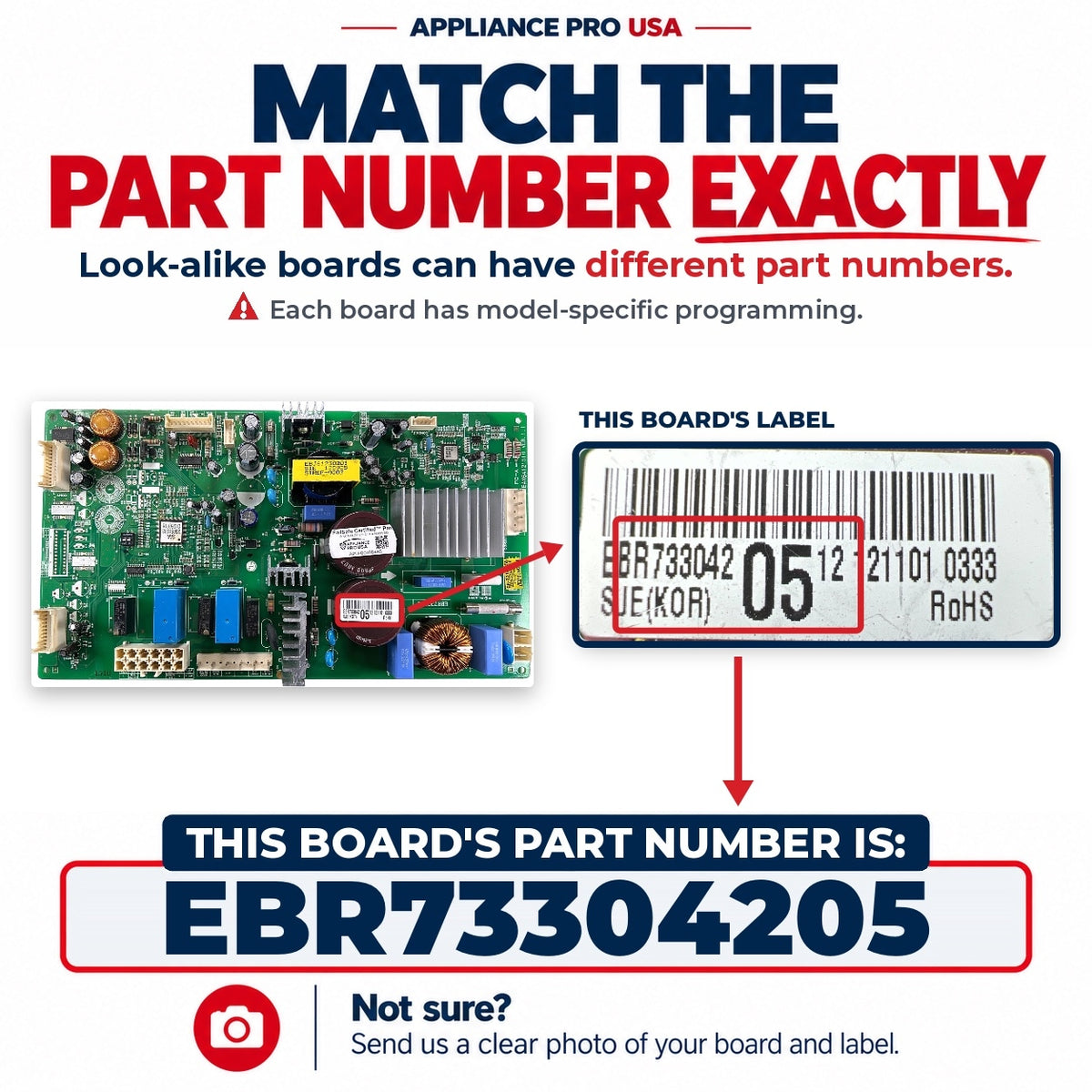 Match The Part Number Exactly - EBR73304205 LG Refrigerator Main Control Board Label - Appliance Pro USA
