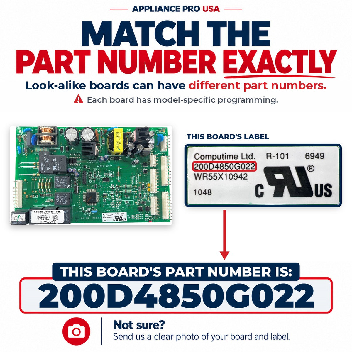 Match The Part Number Exactly - 200D4850G022 GE Refrigerator Main Control Board Label - Appliance Pro USA
