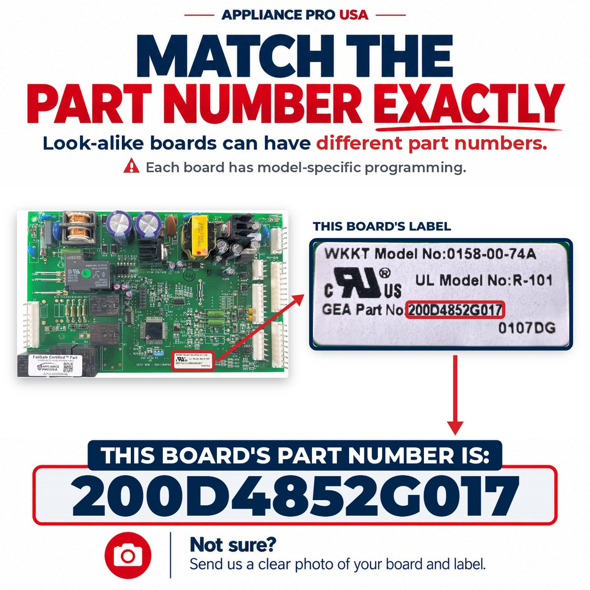 Match The Part Number Exactly - 200D4852G017 GE Refrigerator Main Control Board Label - Appliance Pro USA