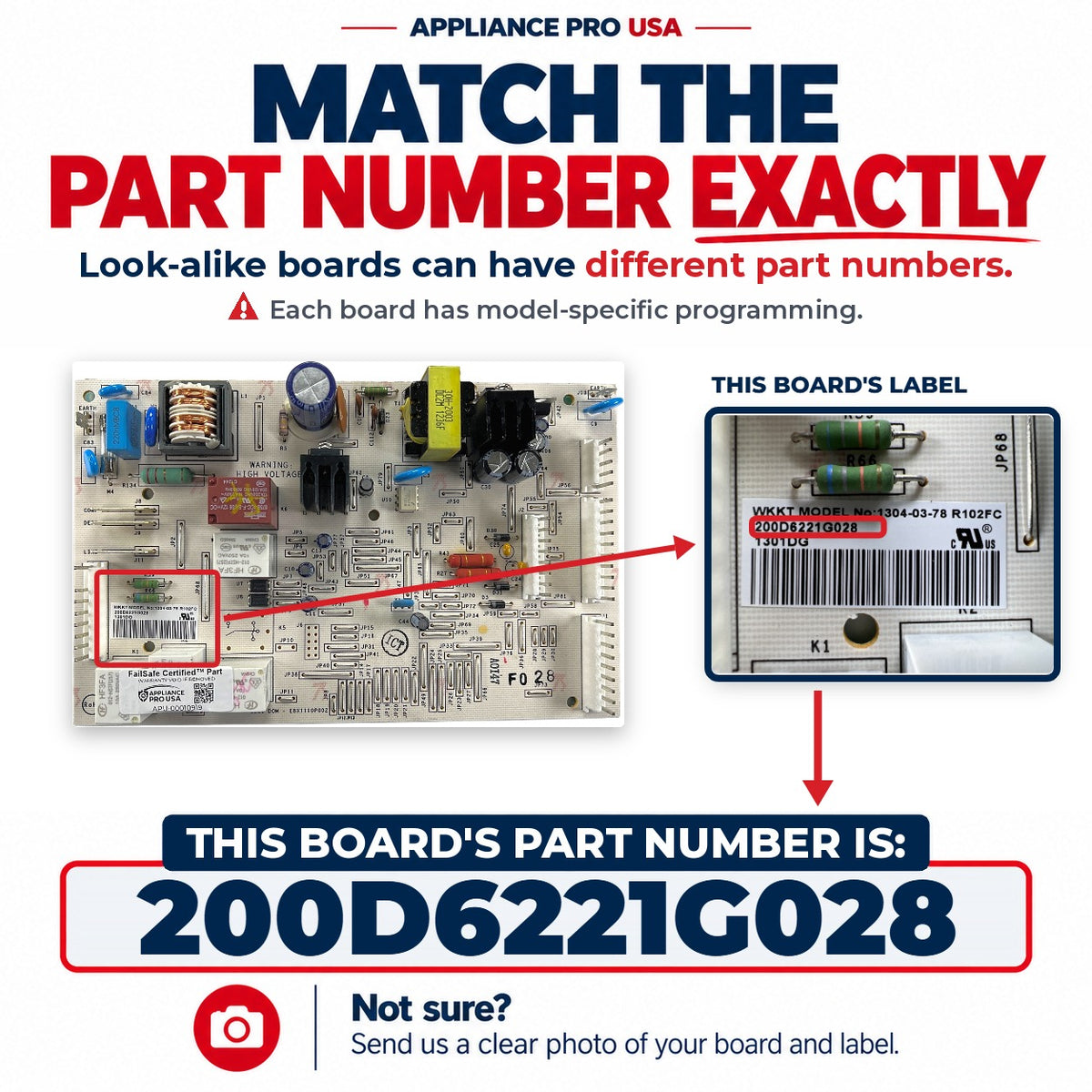 Match The Part Number Exactly - 200D6221G028 GE Refrigerator Main Control Board Label - Appliance Pro USA