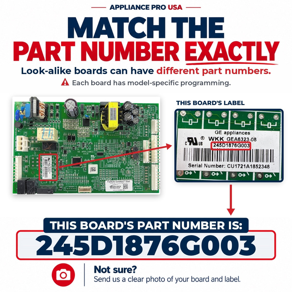 Match The Part Number Exactly - 245D1876G003 GE Refrigerator Main Control Board Label - Appliance Pro USA