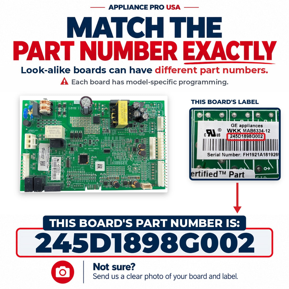 Match The Part Number Exactly - 245D1898G002 GE Refrigerator Main Control Board Label - Appliance Pro USA