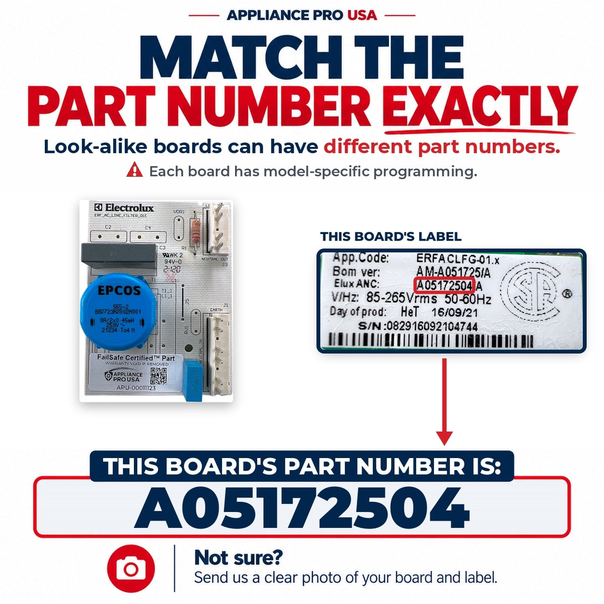 Match The Part Number Exactly - A05172504 Frigidaire Refrigerator Main Control Board Label - Appliance Pro USA