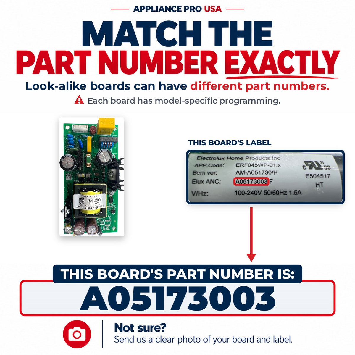 Match The Part Number Exactly - A05173003 Electrolux Refrigerator Main Control Board Label - Appliance Pro USA
