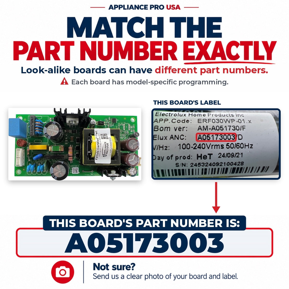 Match The Part Number Exactly - A05173003 Frigidaire Refrigerator Main Control Board Label - Appliance Pro USA