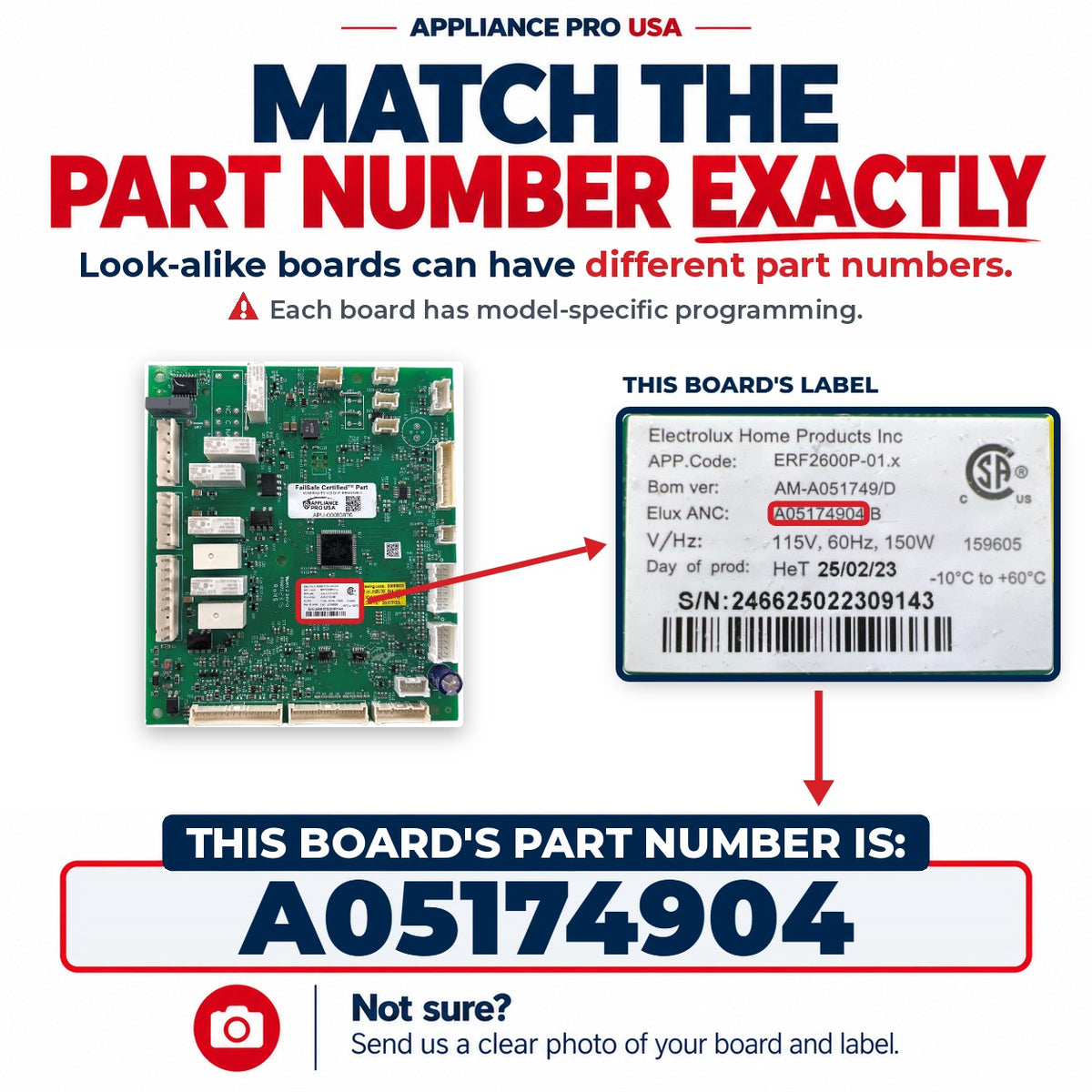 Match The Part Number Exactly - A05174904 Frigidaire Refrigerator Main Control Board Label - Appliance Pro USA