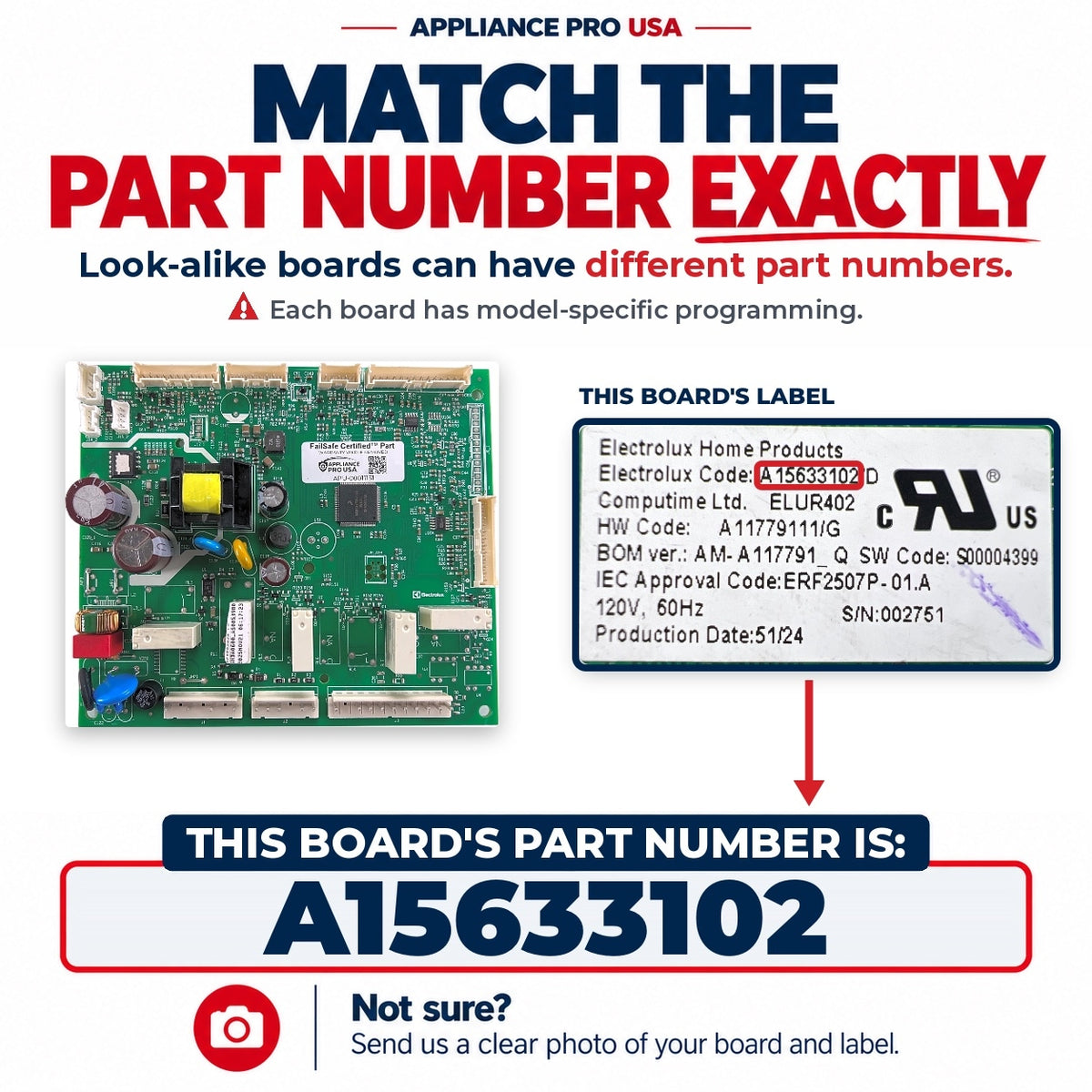 Match The Part Number Exactly - A15633102 Frigidaire Refrigerator Main Control Board Label - Appliance Pro USA