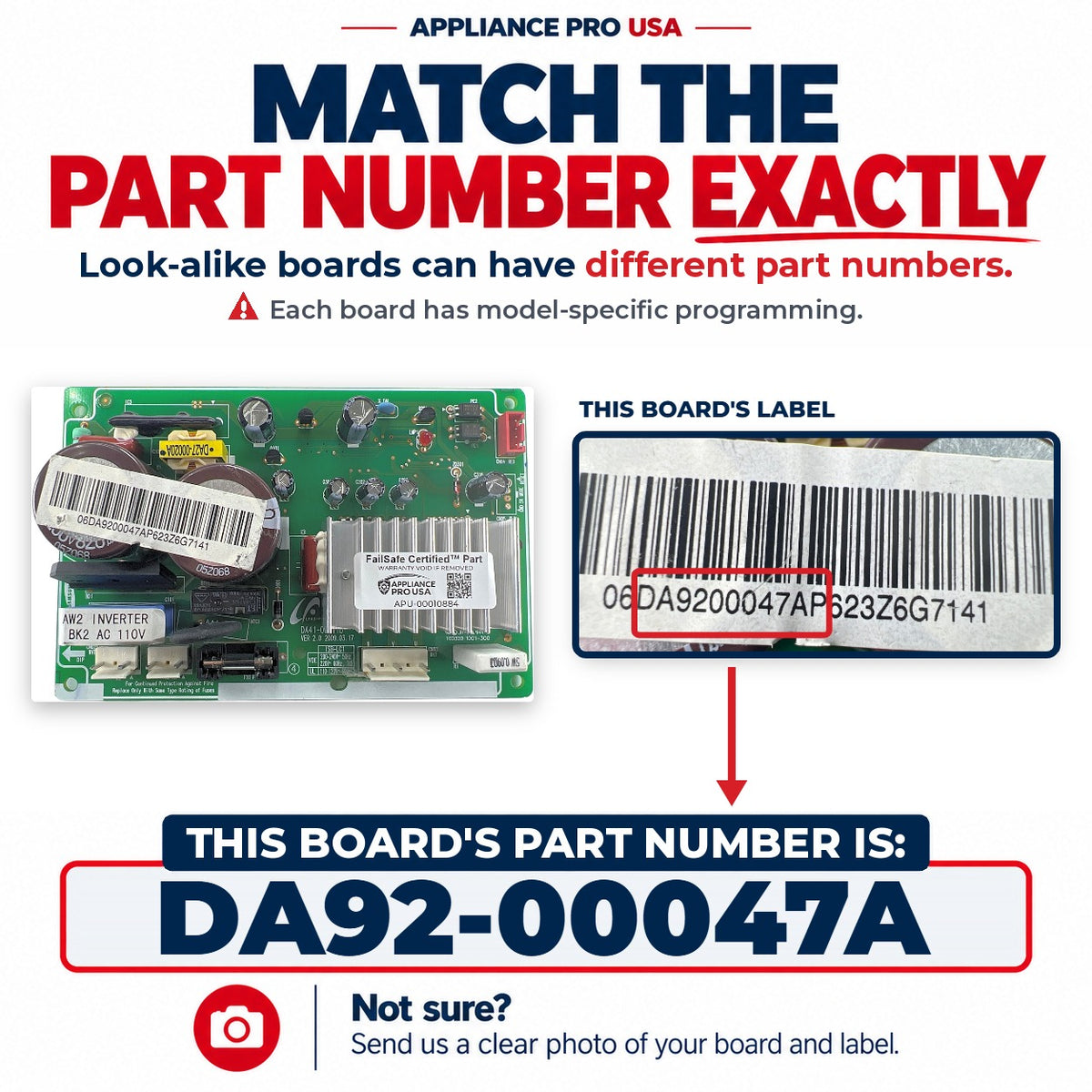 Match The Part Number Exactly - DA92-00047A Samsung Refrigerator Main Control Board Label - Appliance Pro USA