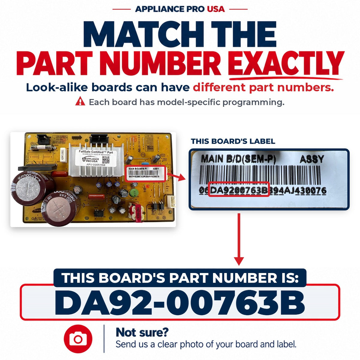 Match The Part Number Exactly - DA92-00763B Samsung Refrigerator Main Control Board Label - Appliance Pro USA