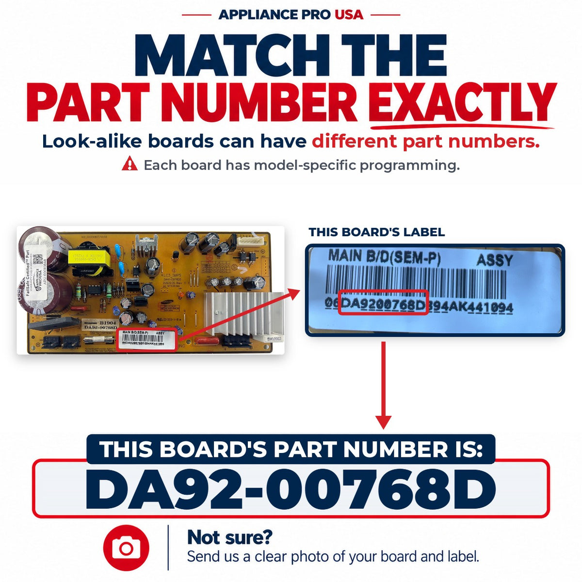 Match The Part Number Exactly - DA92-00768D Samsung Refrigerator Main Control Board Label - Appliance Pro USA