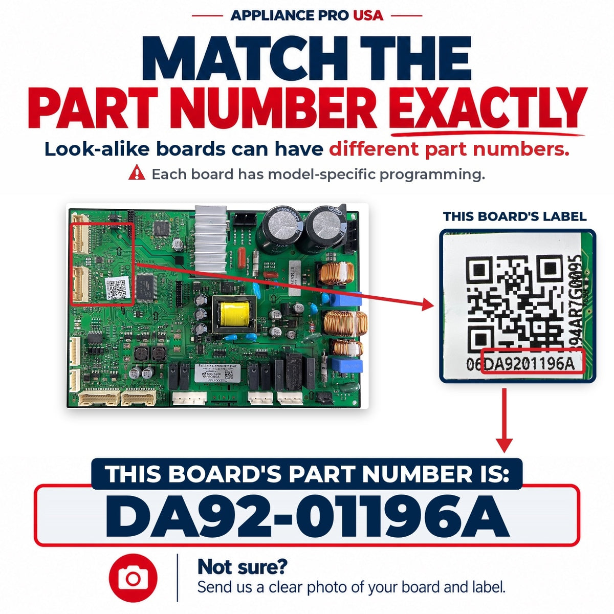 Match The Part Number Exactly - DA92-01196A Samsung Refrigerator Main Control Board Label - Appliance Pro USA