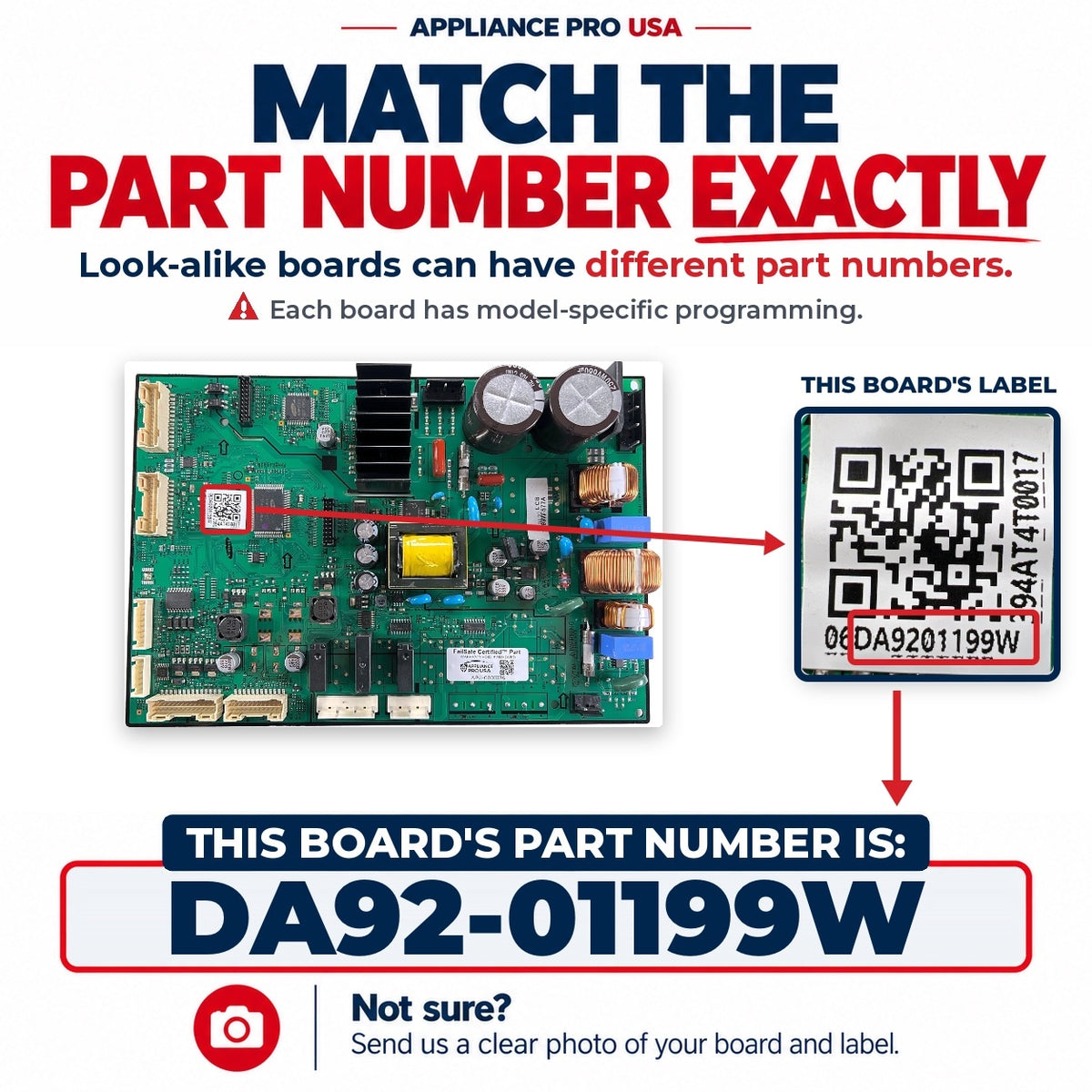 Match The Part Number Exactly - DA92-01199W Samsung Refrigerator Main Control Board Label - Appliance Pro USA