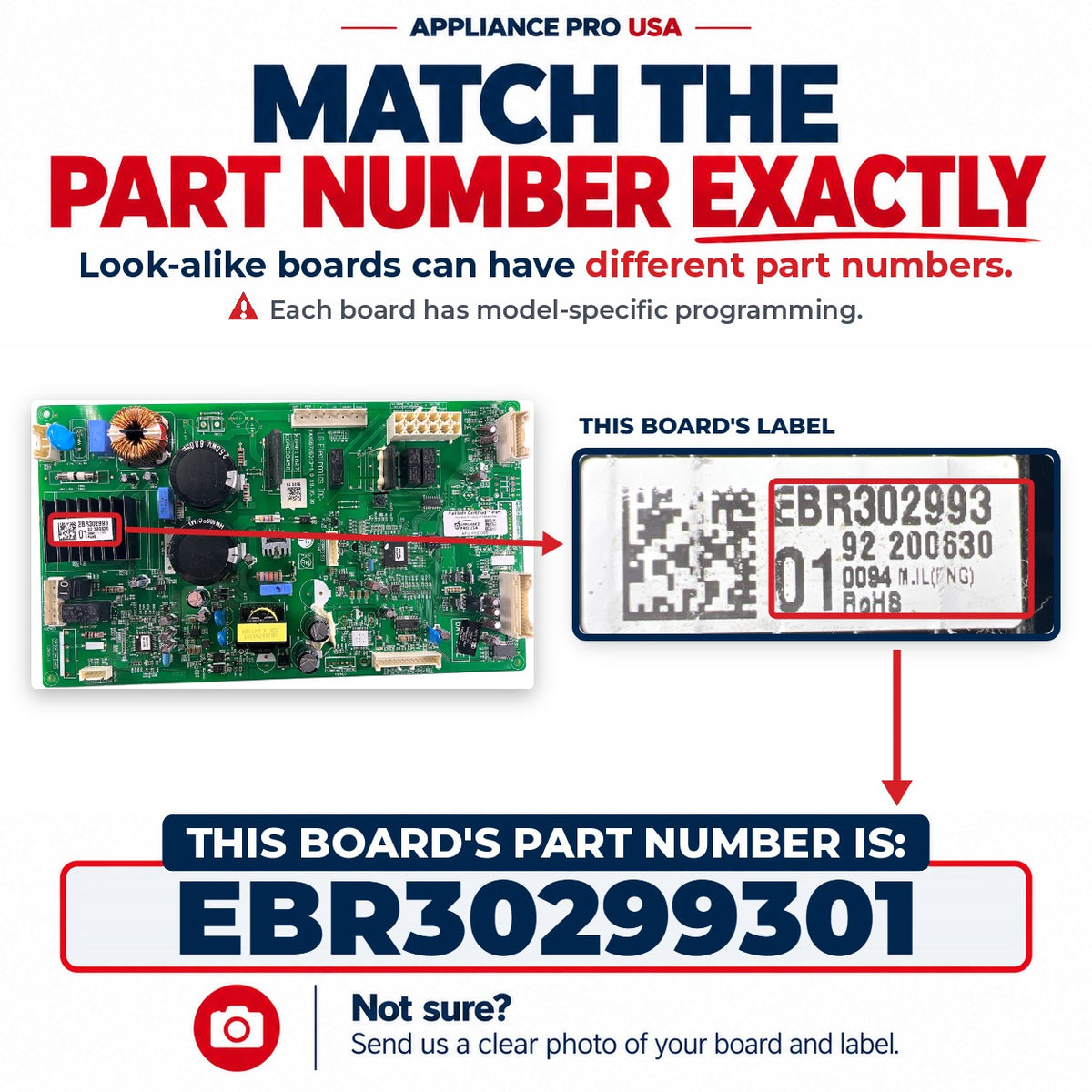 Match The Part Number Exactly - EBR30299301 LG Refrigerator Main Control Board Label - Appliance Pro USA