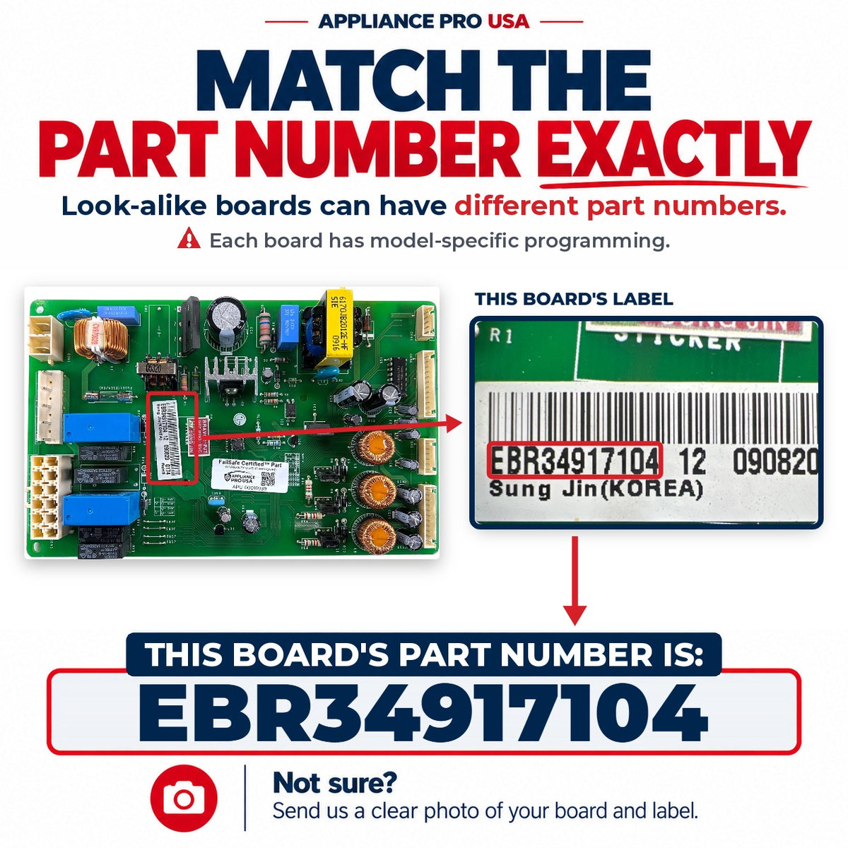 Match The Part Number Exactly - EBR34917104 LG Refrigerator Main Control Board Label - Appliance Pro USA