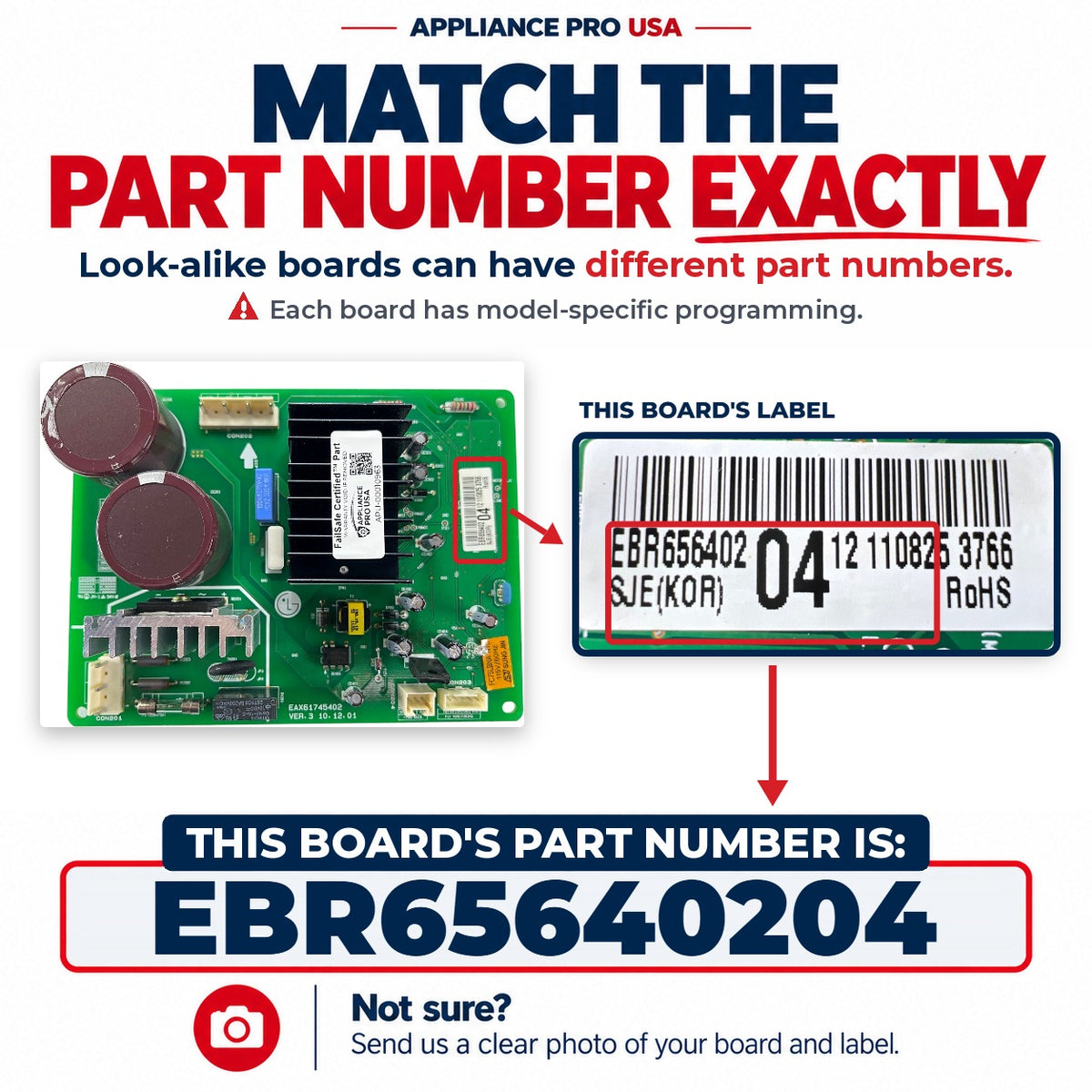 Match The Part Number Exactly - EBR65640204 LG Refrigerator Main Control Board Label - Appliance Pro USA