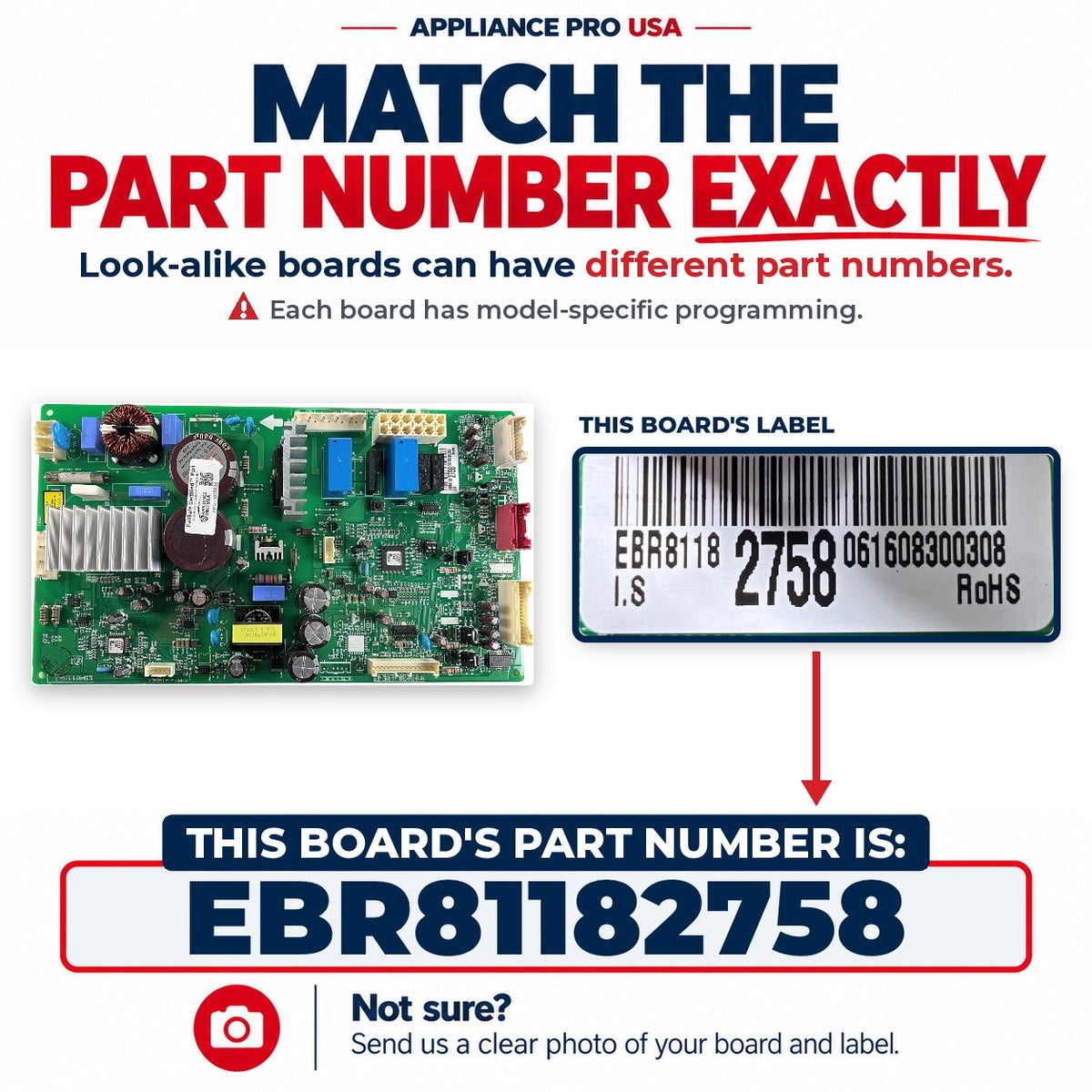 Match The Part Number Exactly - EBR81182758 LG Refrigerator Main Control Board Label - Appliance Pro USA