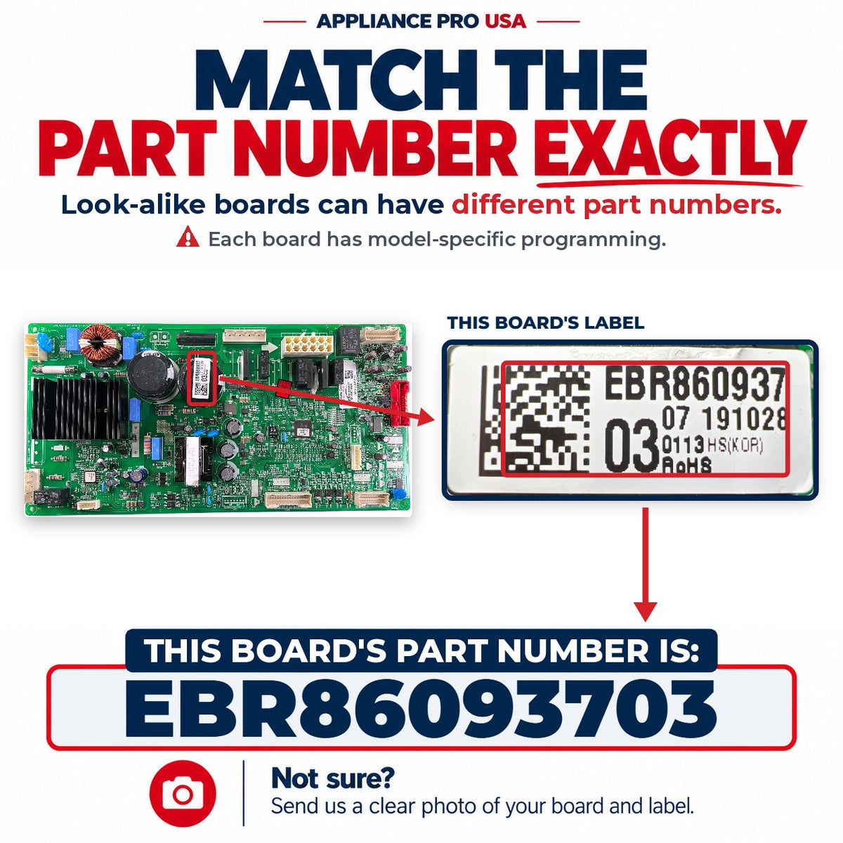 Match The Part Number Exactly - EBR86093703 LG Refrigerator Main Control Board Label - Appliance Pro USA
