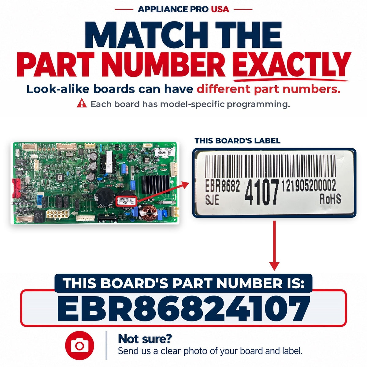 Match The Part Number Exactly - EBR86824107 LG Refrigerator Main Control Board Label - Appliance Pro USA