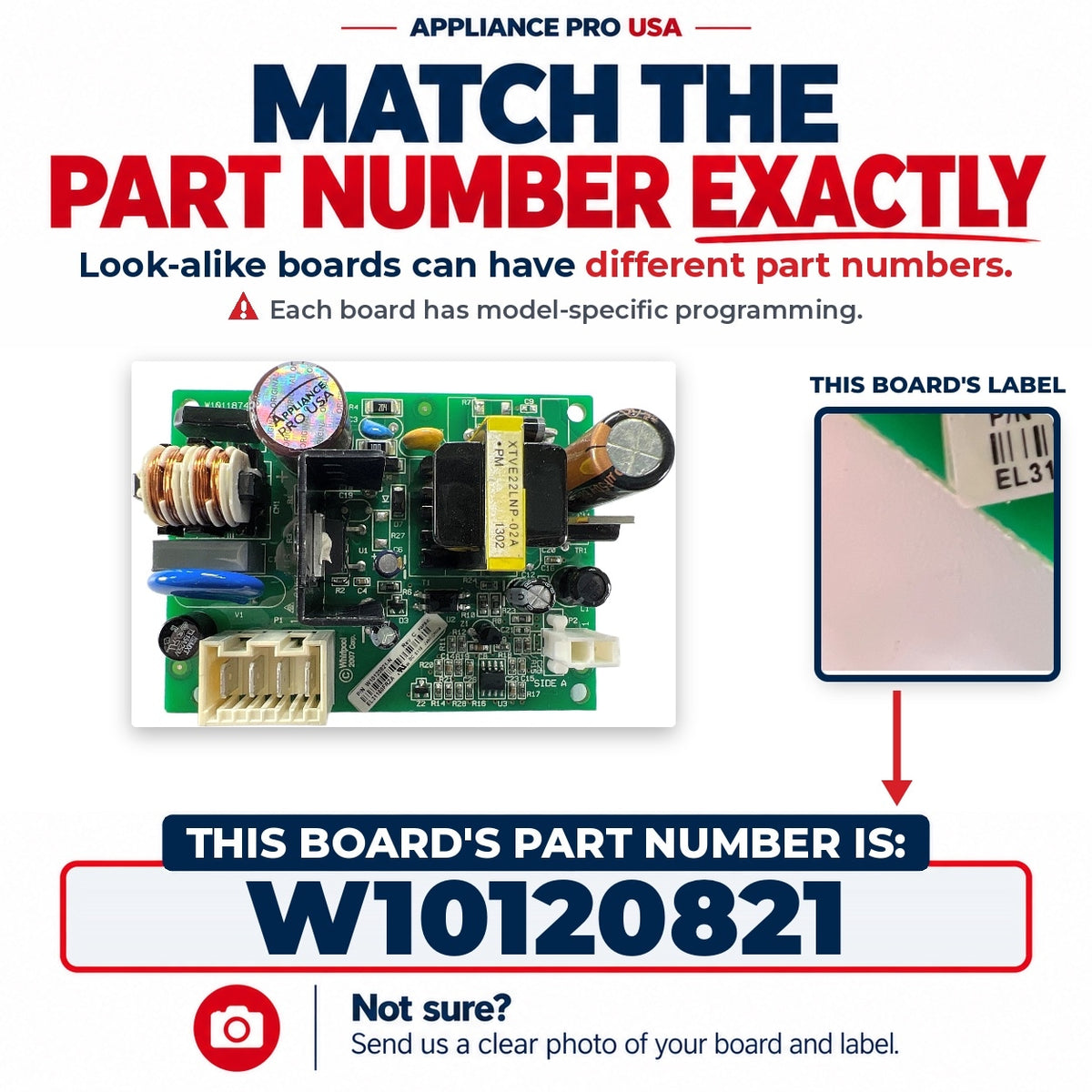 Match The Part Number Exactly - W10120821 Whirlpool Refrigerator Main Control Board Label - Appliance Pro USA