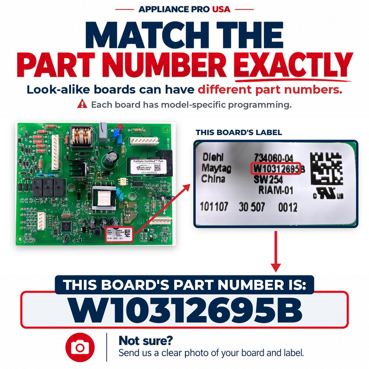 Match The Part Number Exactly - W10312695B Whirlpool Refrigerator Main Control Board Label - Appliance Pro USA