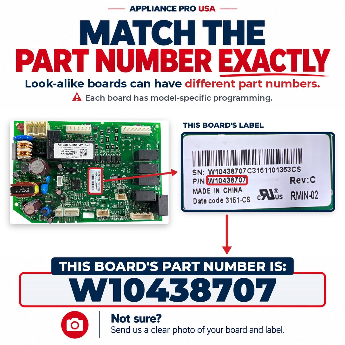 Match The Part Number Exactly - W10438707 Whirlpool Refrigerator Main Control Board Label - Appliance Pro USA