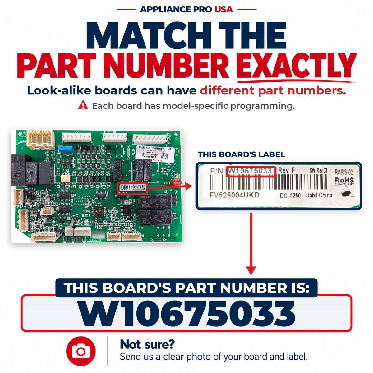 Match The Part Number Exactly - W10675033 Whirlpool Refrigerator Main Control Board Label - Appliance Pro USA