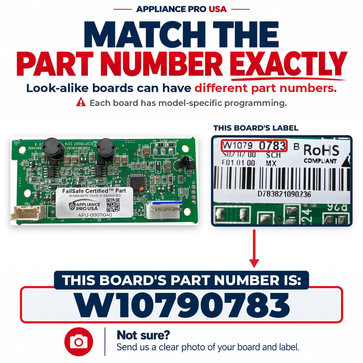 Match The Part Number Exactly - W10790783 Whirlpool Refrigerator Main Control Board Label - Appliance Pro USA