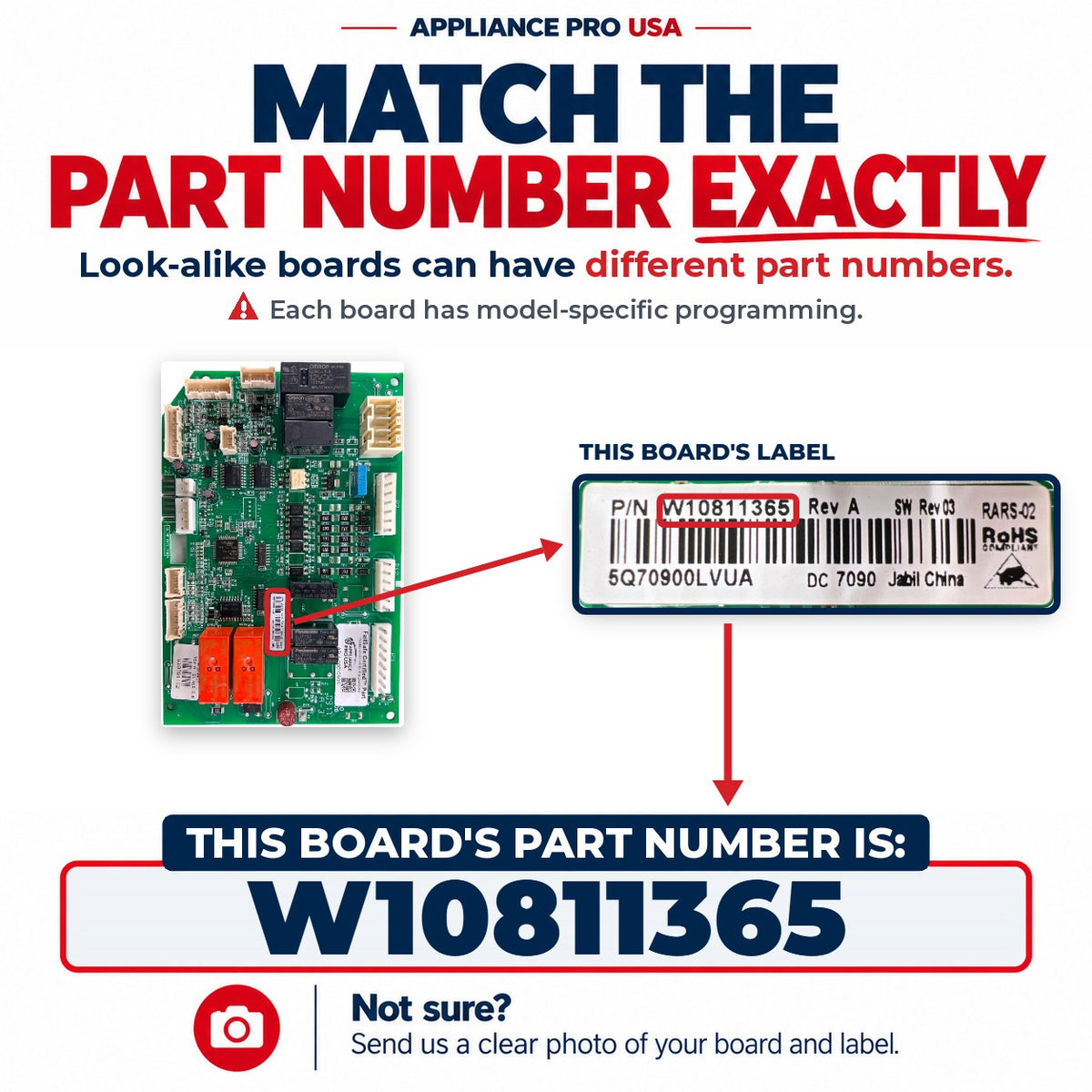 Match The Part Number Exactly - W10811365 Whirlpool Refrigerator Main Control Board Label - Appliance Pro USA