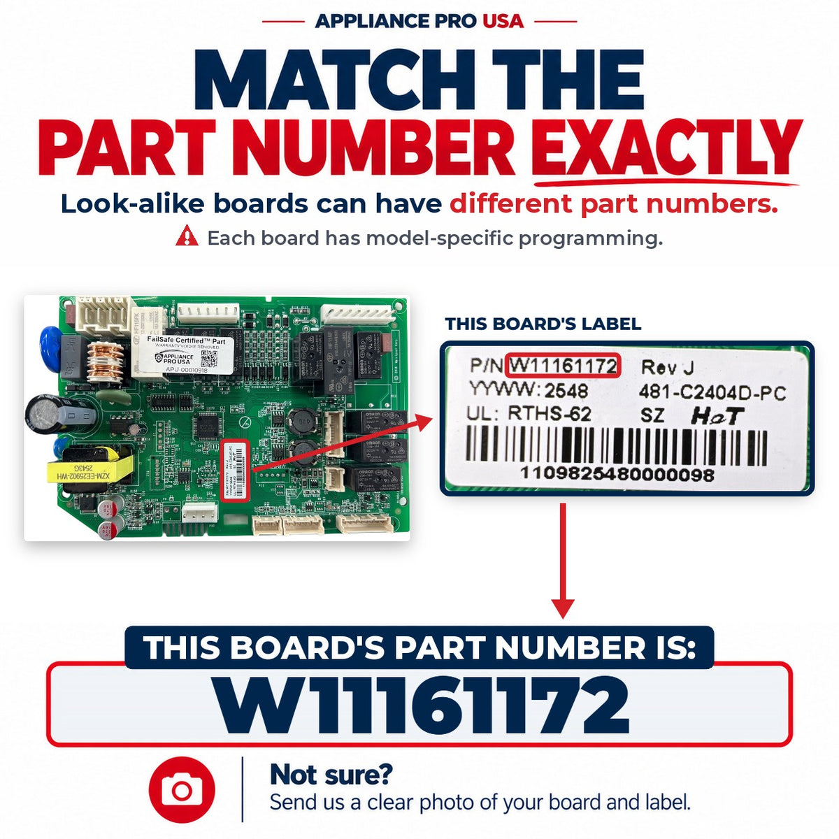 Match The Part Number Exactly - W11161172 Whirlpool Refrigerator Main Control Board Label - Appliance Pro USA