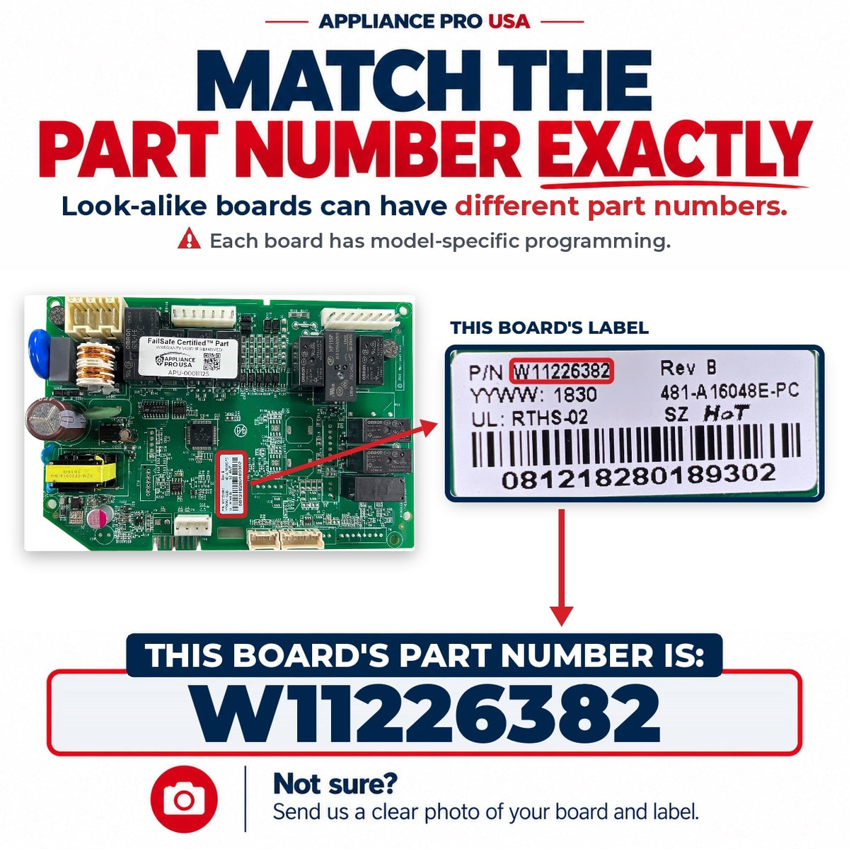 Match The Part Number Exactly - W11226382 Whirlpool Refrigerator Main Control Board Label - Appliance Pro USA